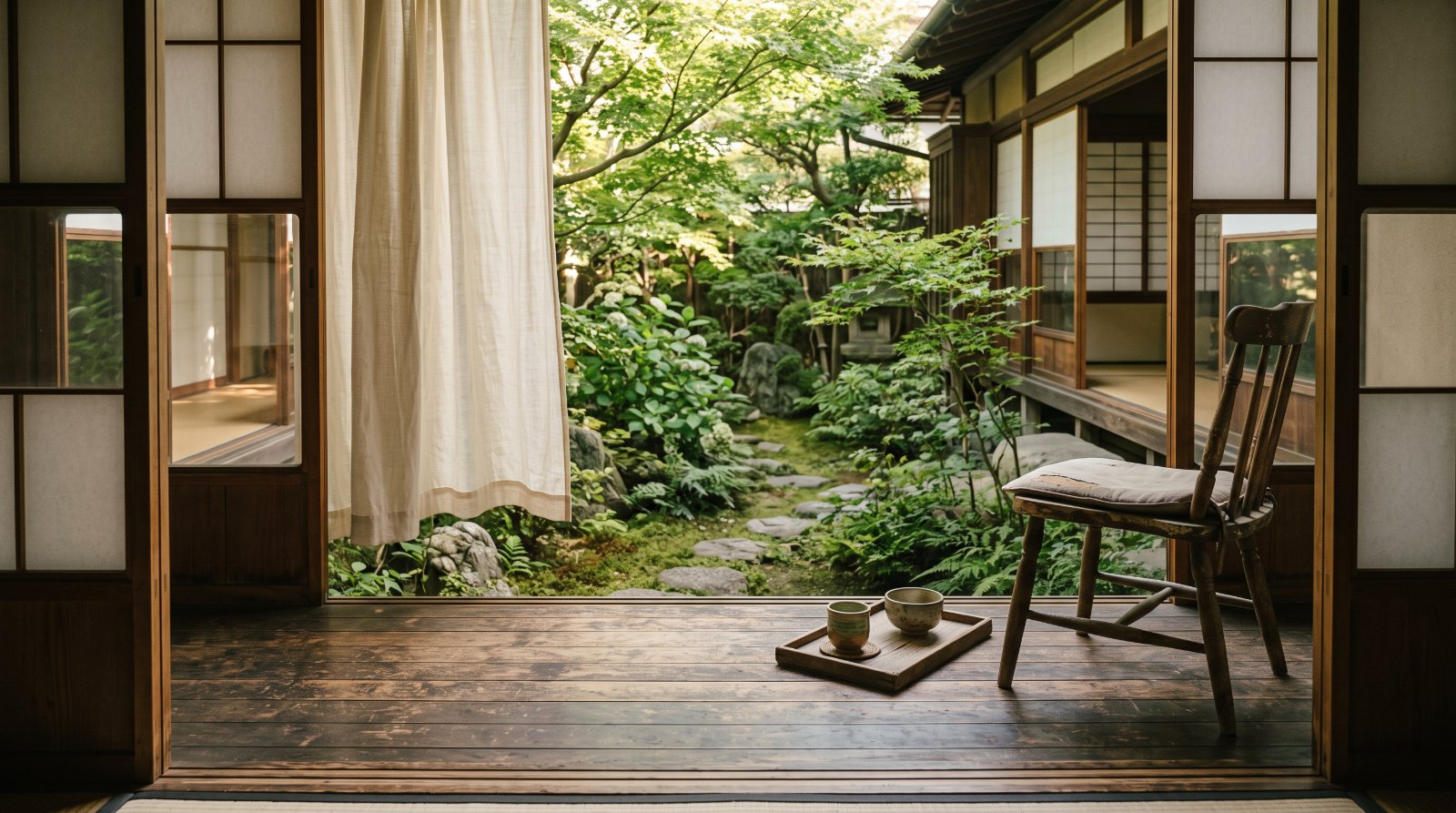 縁側から望む庭のある実家の風景