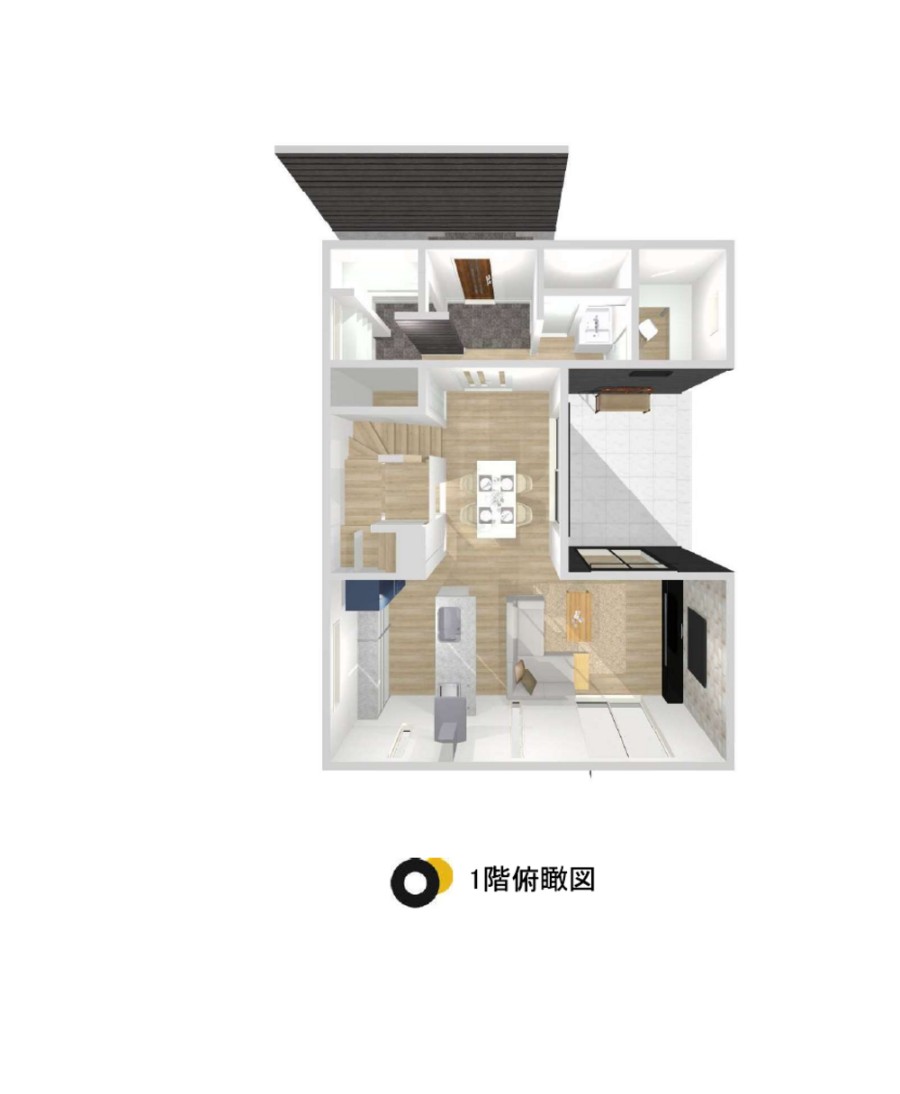 参考平面プランのサンプル：1階俯瞰の3Dパース